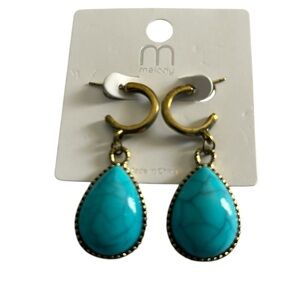 melody Gold Tone Faux Blue Turquoise Teardrop 3/4 Hoop Earrings